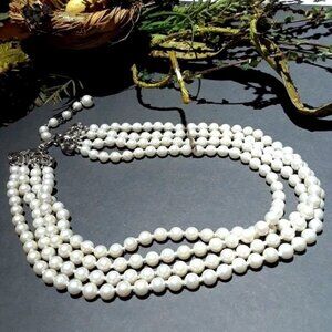 Pearl Collar Choker Necklace Knotted Quad Strand Silver tone Clasp Granny Core R